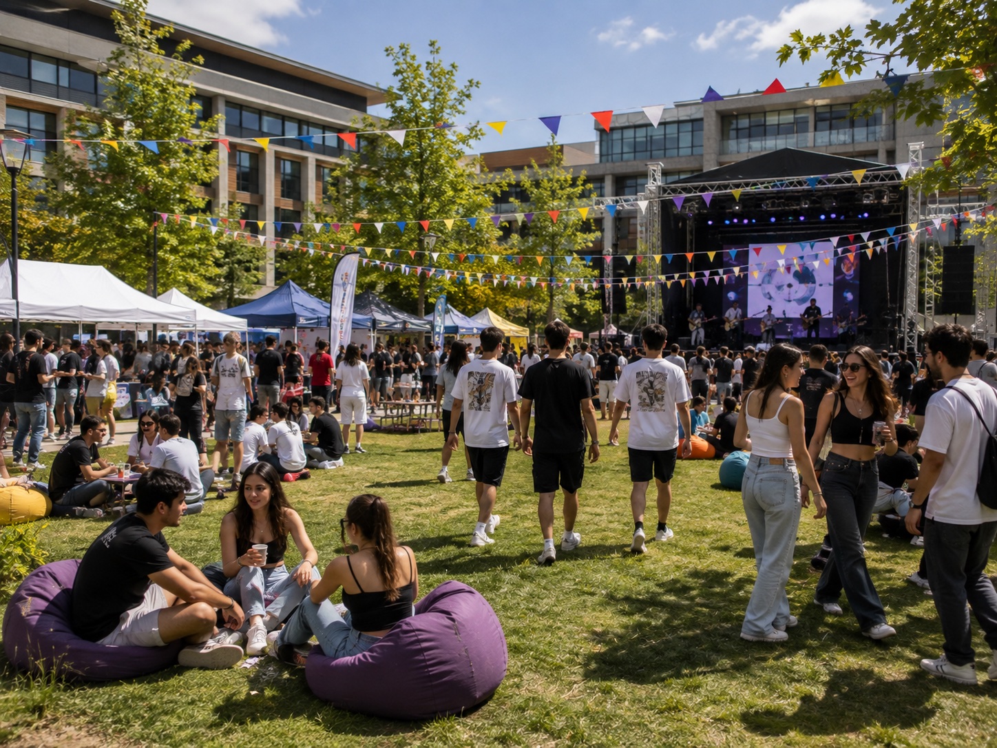 Gündüz düzenlenen açık hava kampüs festivalindeki öğrenciler