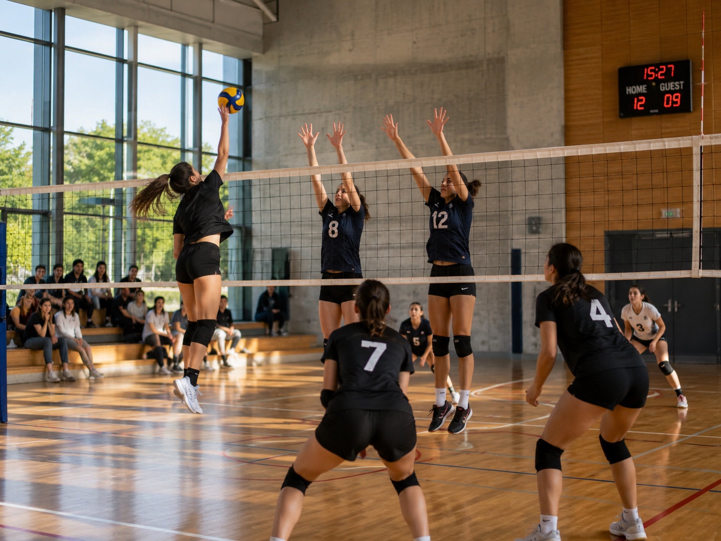 Kapalı spor salonunda voleybol maçı yapan öğrenciler