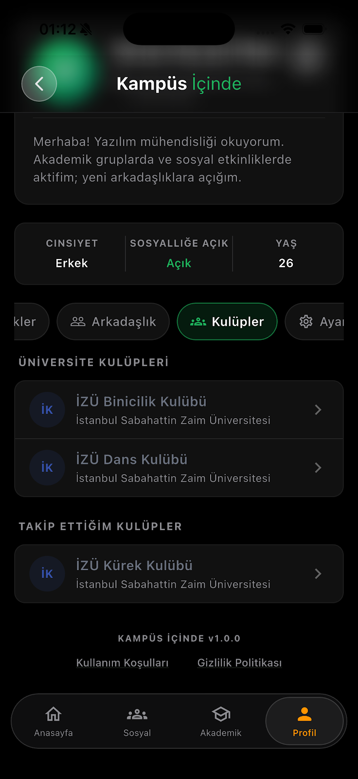 Kampüs İçinde kulüpler ekranı