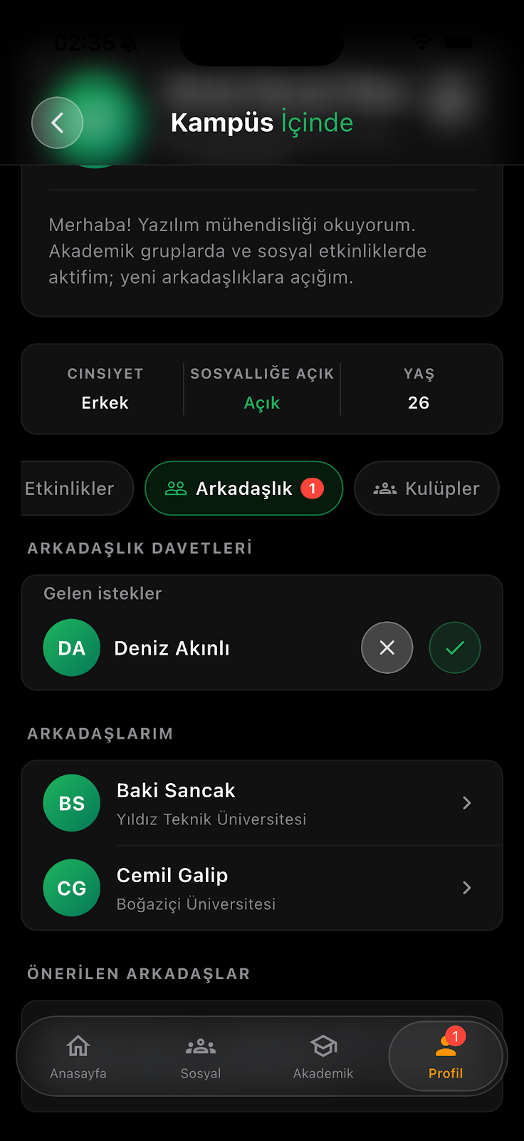 Kampüs İçinde arkadaşlık ekranı