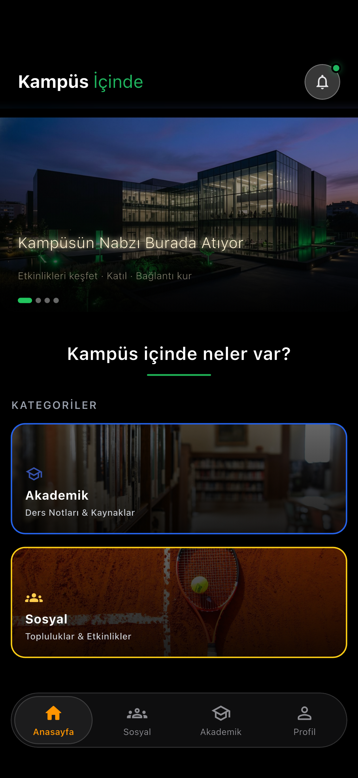 Kampüs İçinde anasayfa ekranı