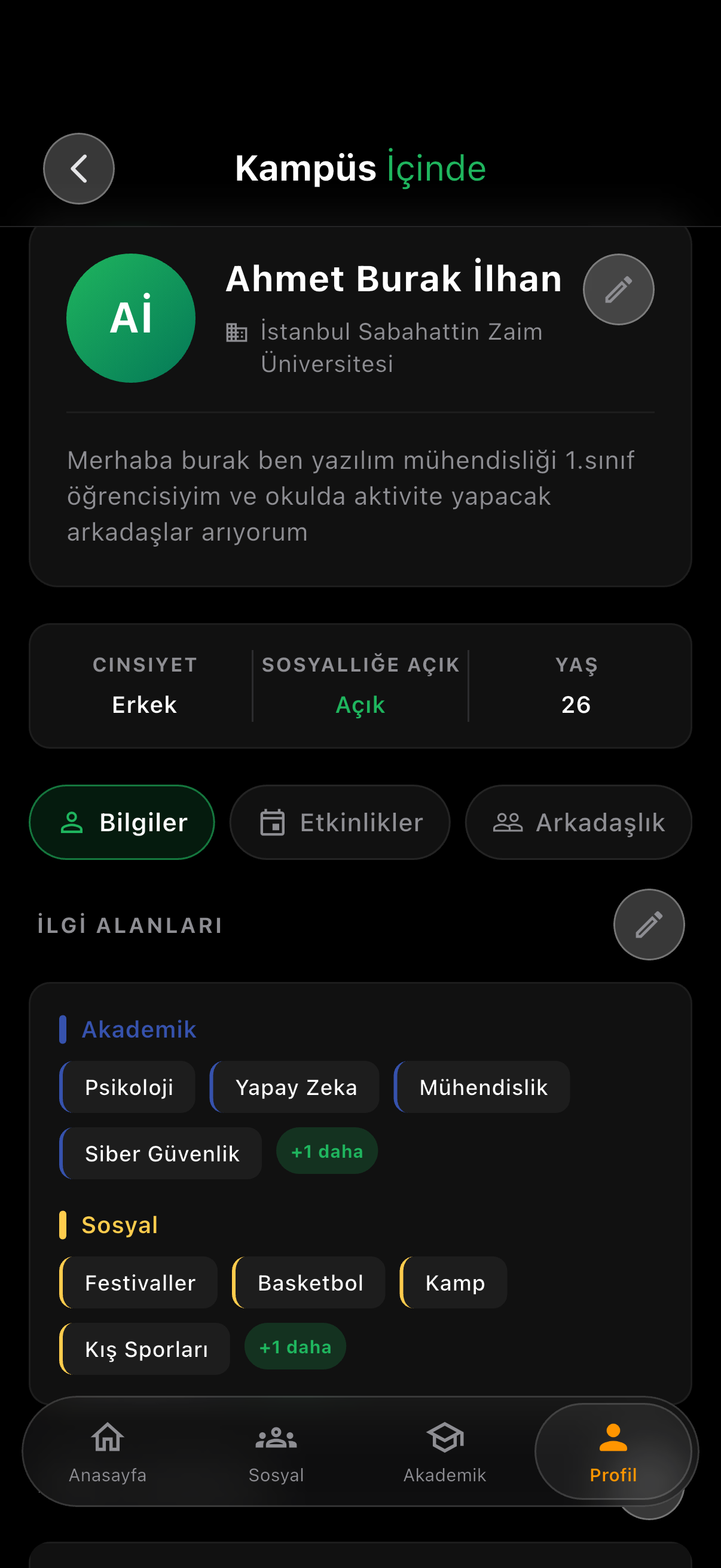 Kampüs İçinde profil ekranı
