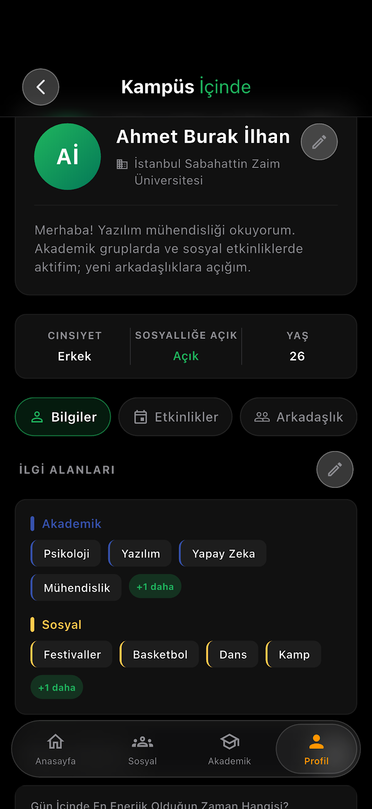 Kampüs İçinde profil ekranı
